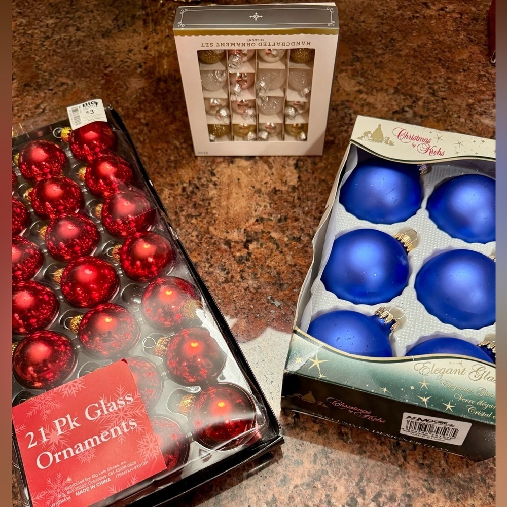 Various Christmas balls. 6 Blue. 21 red & 16 mini’s,silver, gold, white & pink